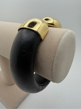 Women's Black Leather Cuff Watch with Gold-Tone Accents